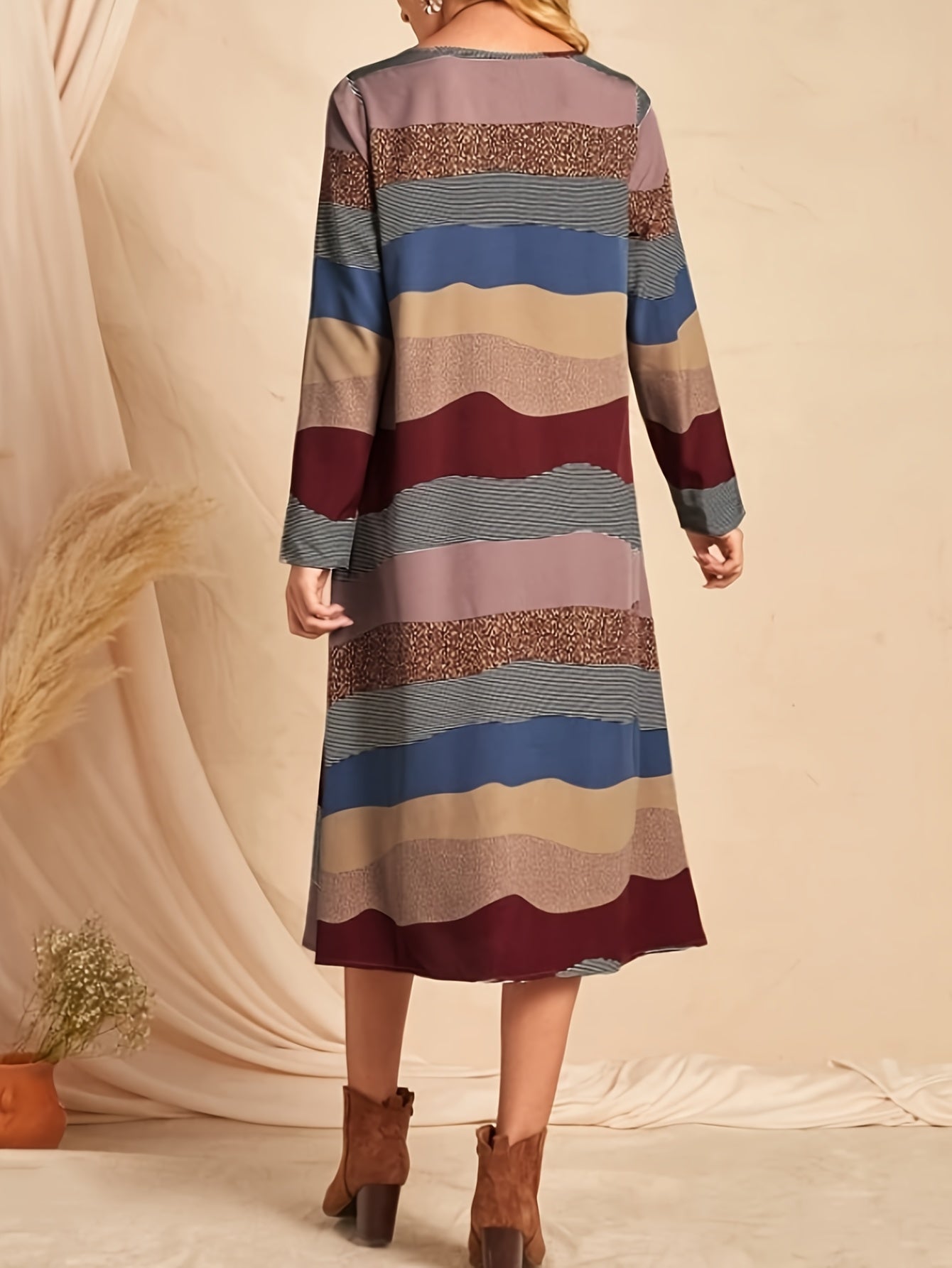 gbolsos Striped Crew Neck Dress, Elegant Long Sleeve Dress For Spring & Fall, Women's Clothing