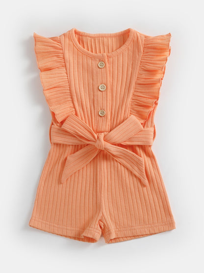 gbolsos  Toddler Summer Ruffle Trim Button Bodysuit With Belt, Baby's Comfy Casual Clothes