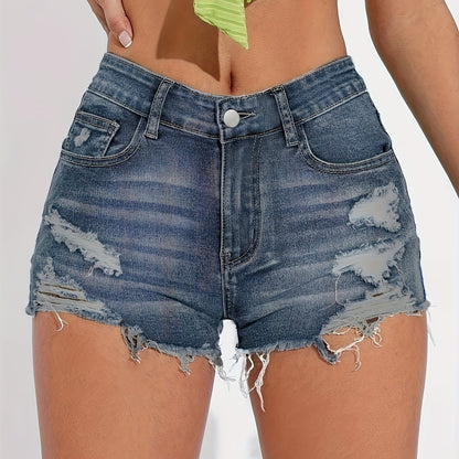 gbolsosBlue Raw Hem Denim Shorts, Distressed Slash Pockets Ripped Hole Short Denim Pants, Women's Denim Jeans & Clothing
