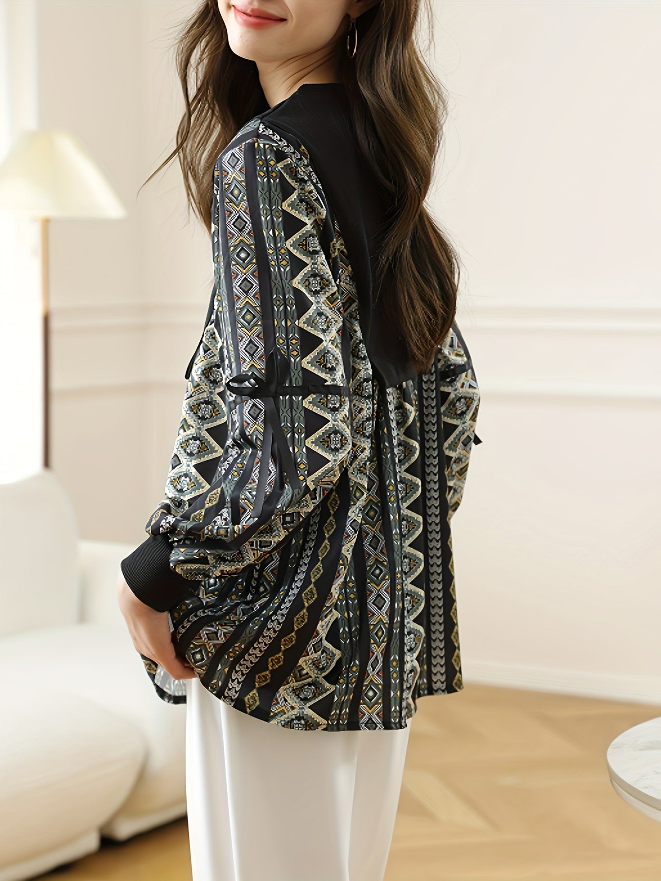 gbolsos  Vintage Graphic Print Splicing Top, Elegant Button Front Lantern Sleeve Top For Spring & Fall, Women's Clothing