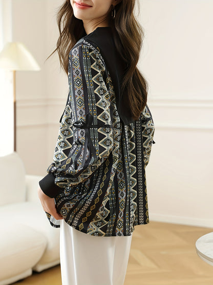 gbolsos  Vintage Graphic Print Splicing Top, Elegant Button Front Lantern Sleeve Top For Spring & Fall, Women's Clothing