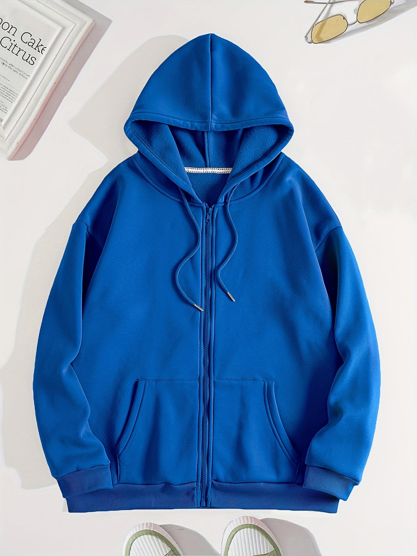 gbolsos  Zip Up Solid Hoodies, Casual Long Sleeve Kangaroo Pocket Drawstring Sweatshirt, Women's Clothing