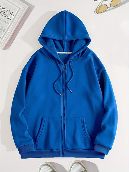 gbolsos  Zip Up Solid Hoodies, Casual Long Sleeve Kangaroo Pocket Drawstring Sweatshirt, Women's Clothing