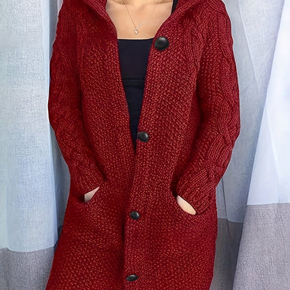 2025 gbolsos  Solid Button Front Hooded Cardigan, Casual Long Sleeve Sweater For Fall & Winter, Women's Clothing