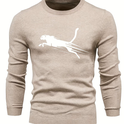 gbolsos  All Match Knitted Sweater, Leopard Pattern Men's Casual Warm Mid Stretch Crew Neck Pullover Sweater For Men Fall Winter