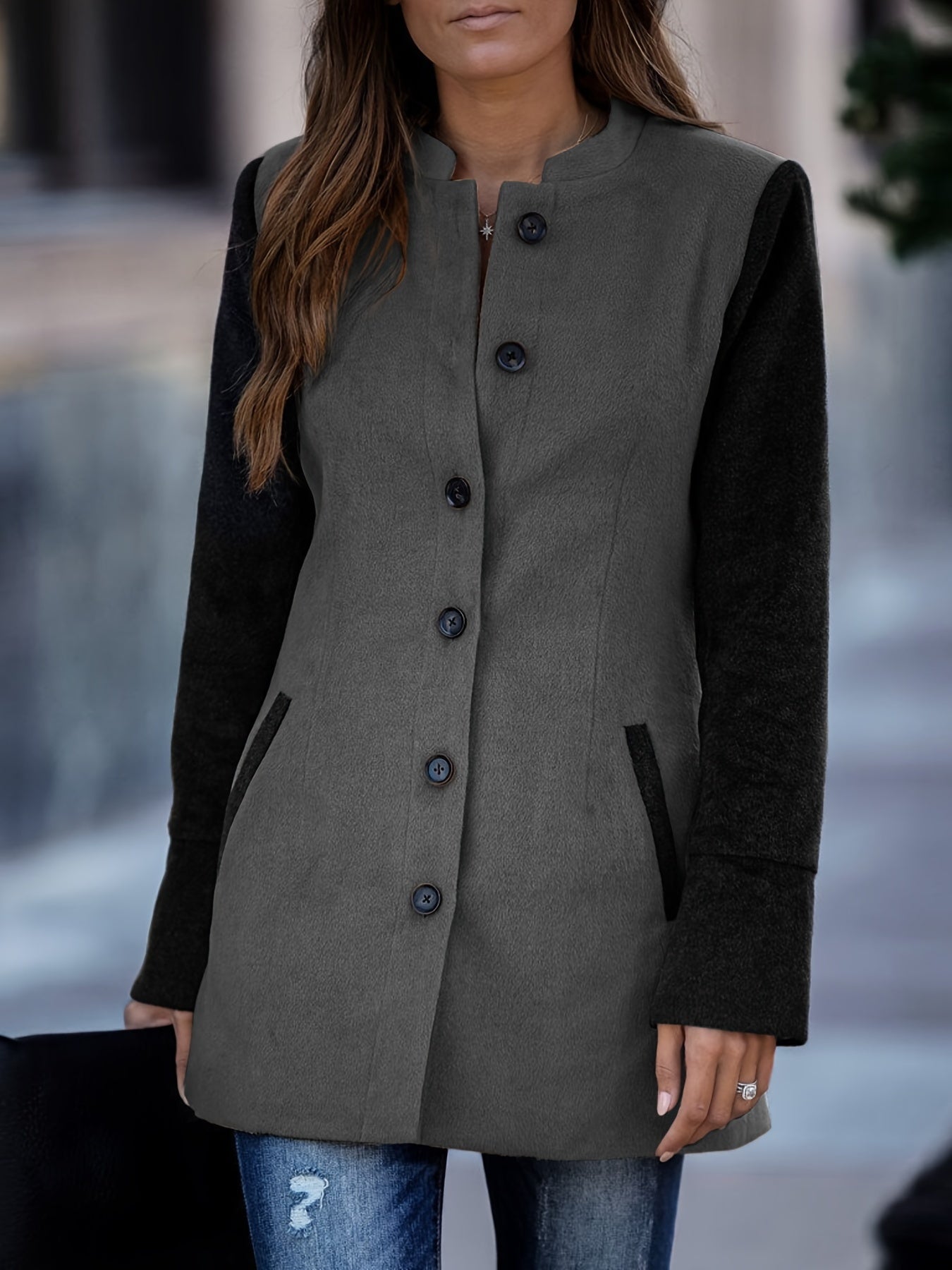 gbolsos  Color Block Button Front Jacket, Casual Simple Long Sleeve Outerwear, Women's Clothing