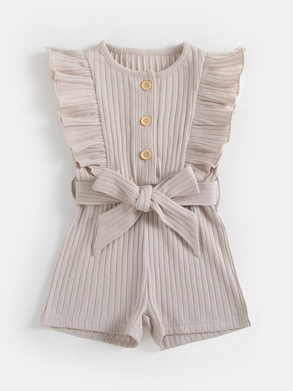 gbolsos  Toddler Summer Ruffle Trim Button Bodysuit With Belt, Baby's Comfy Casual Clothes