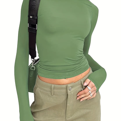 gbolsos  Thin Solid Crew Neck T-Shirt, Casual Long Sleeve Top For Spring & Fall, Women's Clothing
