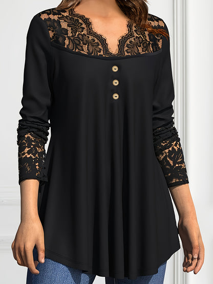 gbolsos  Contrast Lace Button Front Top, Elegant Long Sleeve Top For Spring & Fall, Women's Clothing