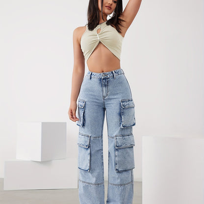 gbolsos Sky Blue Multi-pocket Cargo Pants, High Waist Loose Wide Leg Denim Pants, Women's Denim Jeans & Clothing