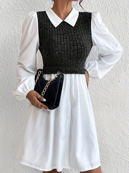 Button Front Stitching Knit Dress, Elegant Long Sleeve Collared Dress, Women's Clothing