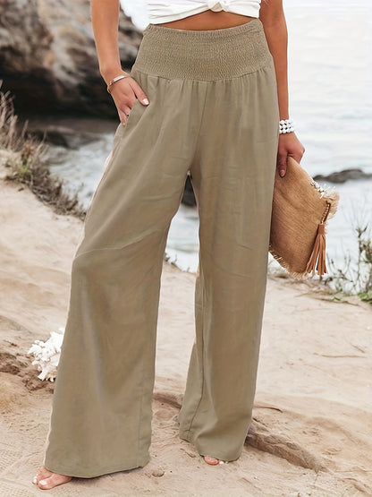 gbolsos  Plus Size Casual Pants, Women's Plus Plain Waist Band High Rise Elastic Ruched Wide Leg Pants With Pockets