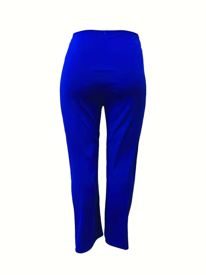 Plus Size Elegant Pants, Women's Plus Solid Button Decor High Rise Wide Leg Trousers