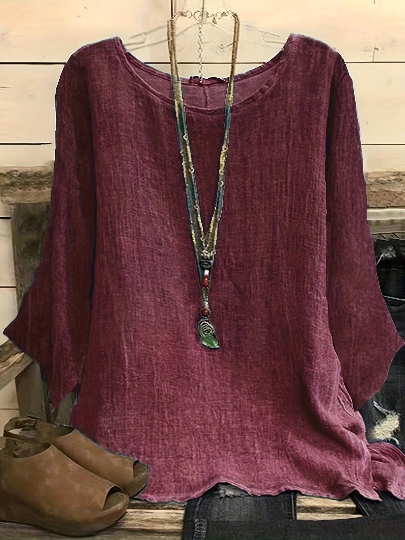 solvbao  Plus Size Casual Top, Women's Plus Solid Long Sleeve Round Neck Oversized Tunic Top