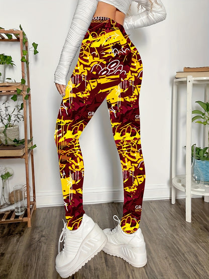 gbolsosGraffiti Print Skinny Leggings, Casual Every Day Stretchy Leggings, Women's Clothing