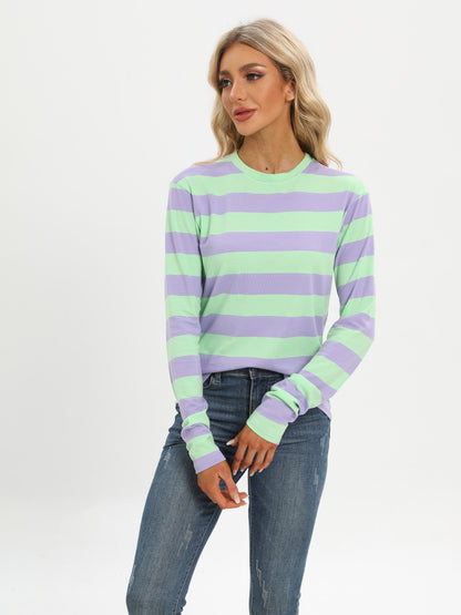 kkboxly  Casual Striped Long Sleeve T-Shirts, Striped T Shirts Crew Neck Tops, Women's Clothing
