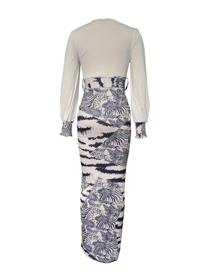 gbolsos  Graphic Print Splicing Dress, Vacation Split Thigh Plunging Long Sleeve Maxi Dress, Women's Clothing
