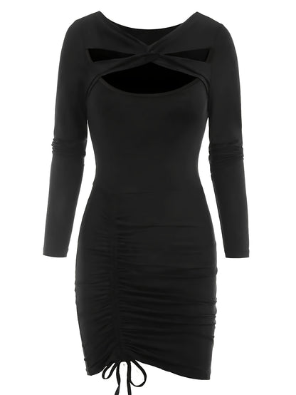 gbolsos  Cut Out Drawstring Dress, Party Wear Long Sleeve Bodycon Solid Dress, Women's Clothing