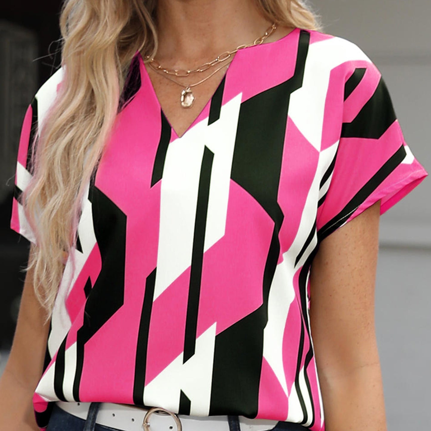 gbolsos Color Block Graphic Print Blouse, Casual Notched Neck Short Sleeve Blouse, Women's Clothing