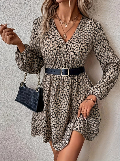 Allover Print Simple Dress, Casual V Neck Long Sleeve Dress, Women's Clothing
