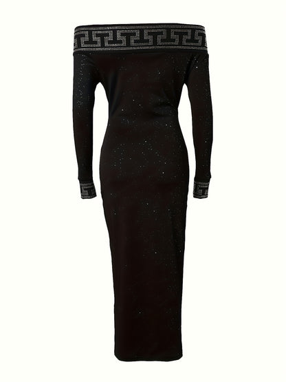 gbolsos  Rhinestoned Off Shoulder Bodycon Dress, Elegant Long Sleeve Slim Dress For Party & Banquet, Women's Clothing