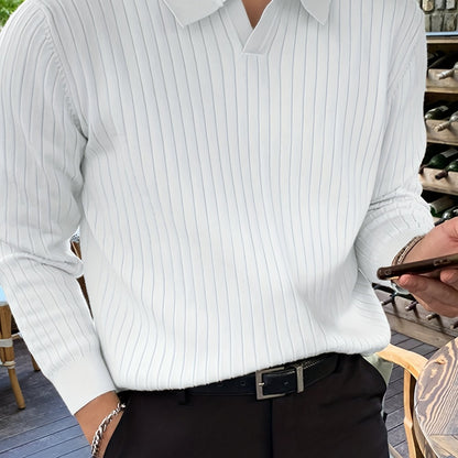 gbolsos Chic Knit Polo Shirt, Men's Casual Stylish Lapel Middle Stretch V-Neck Pullover Sweater For Winter Autumn