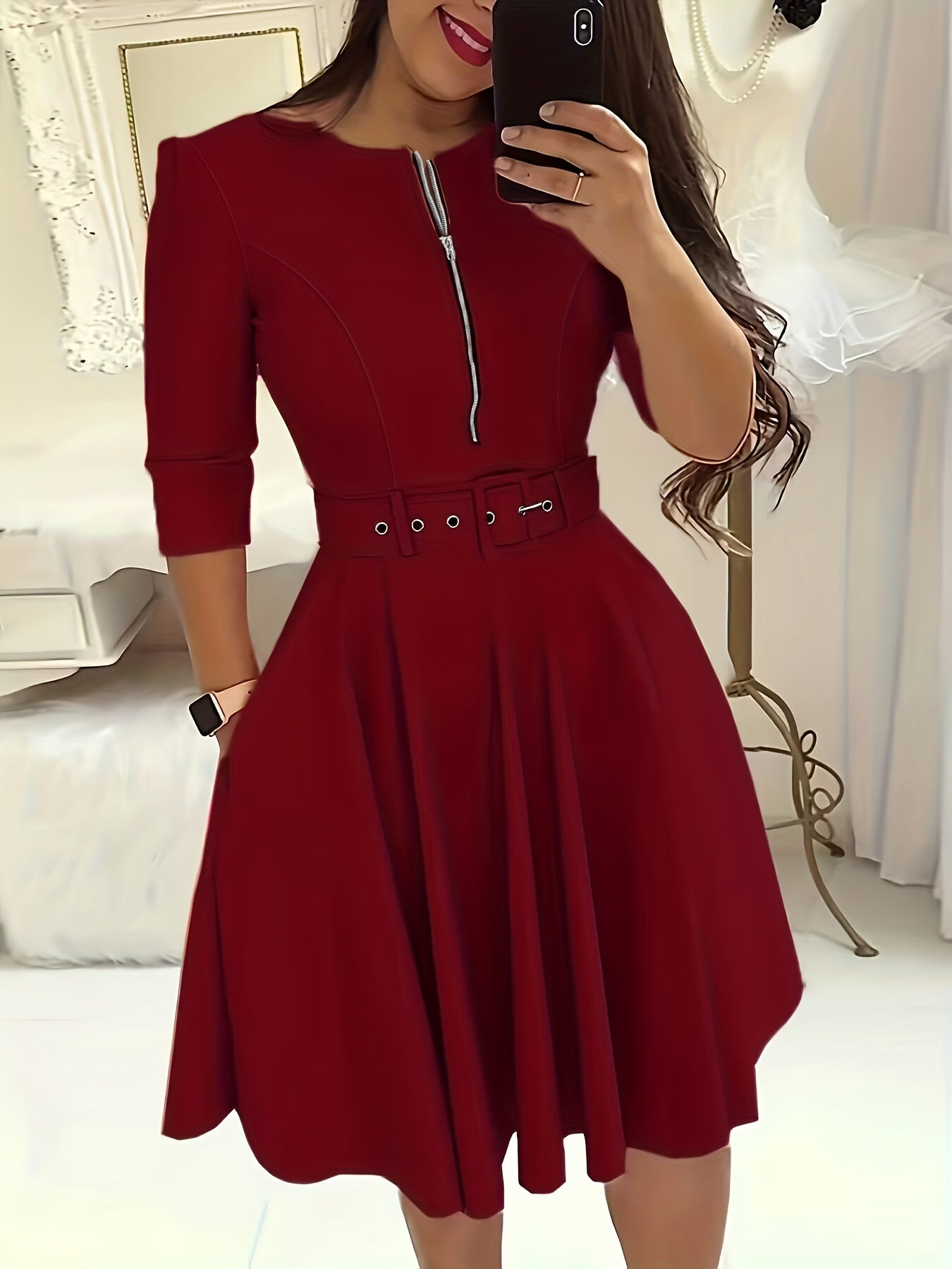gbolsos  Women's Dresses Solid Crew Neck Zipper Dresses