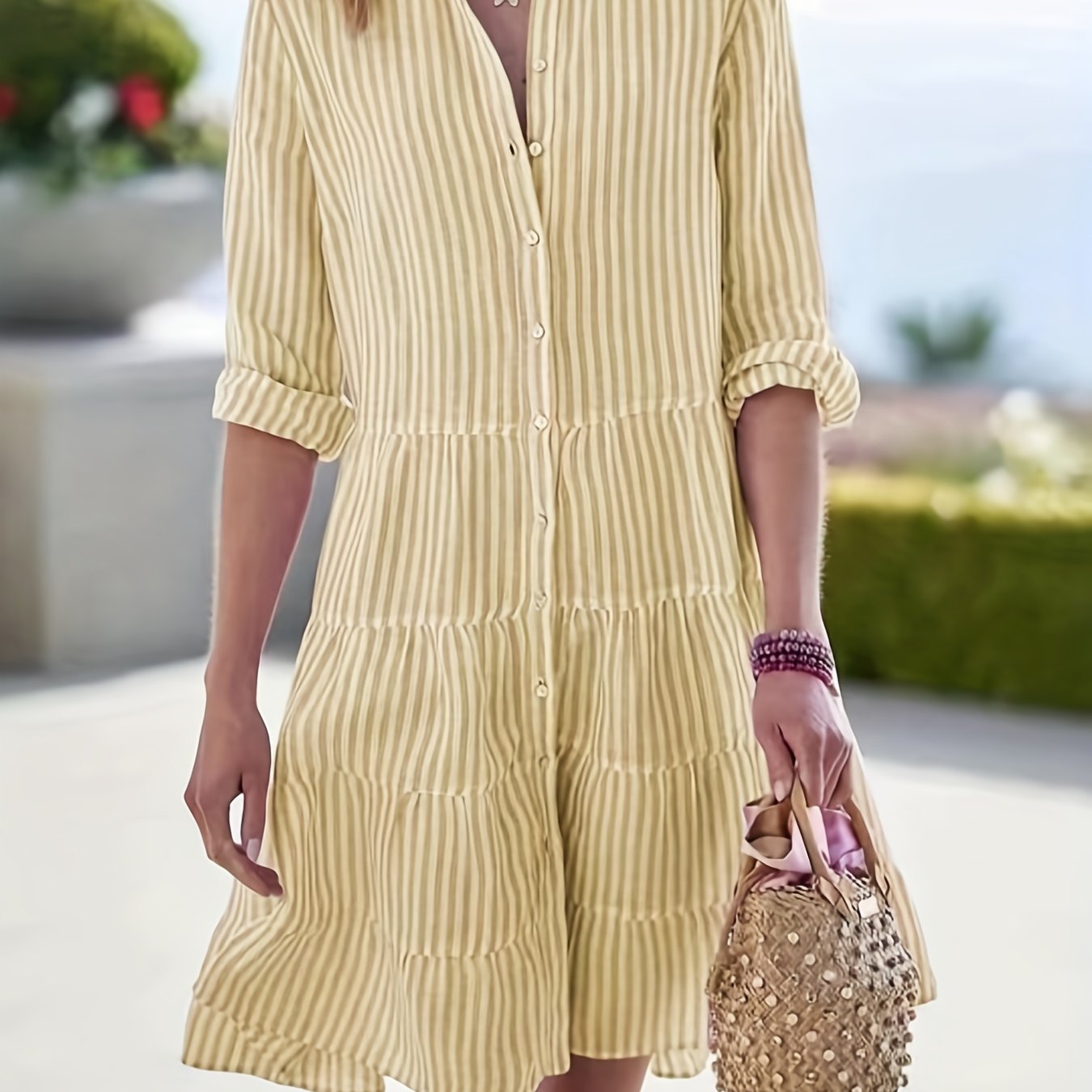 gbolsos  Striped Ruffle Layered Hem Shirt Dress, Casual Button Long Sleeve Tiered Dress, Women's Clothing
