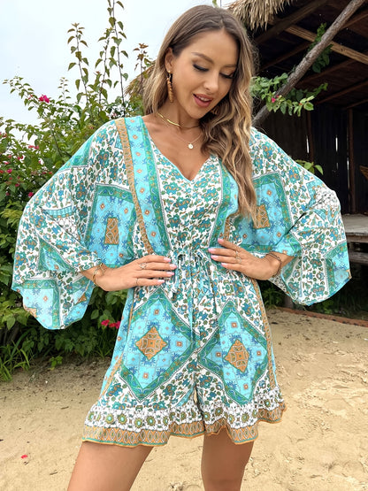 elveswallet  Bohemian Print Lace Up Waist Jumpsuit, Boho Long Sleeve V-neck Loose Jumpsuit, Women's Clothing