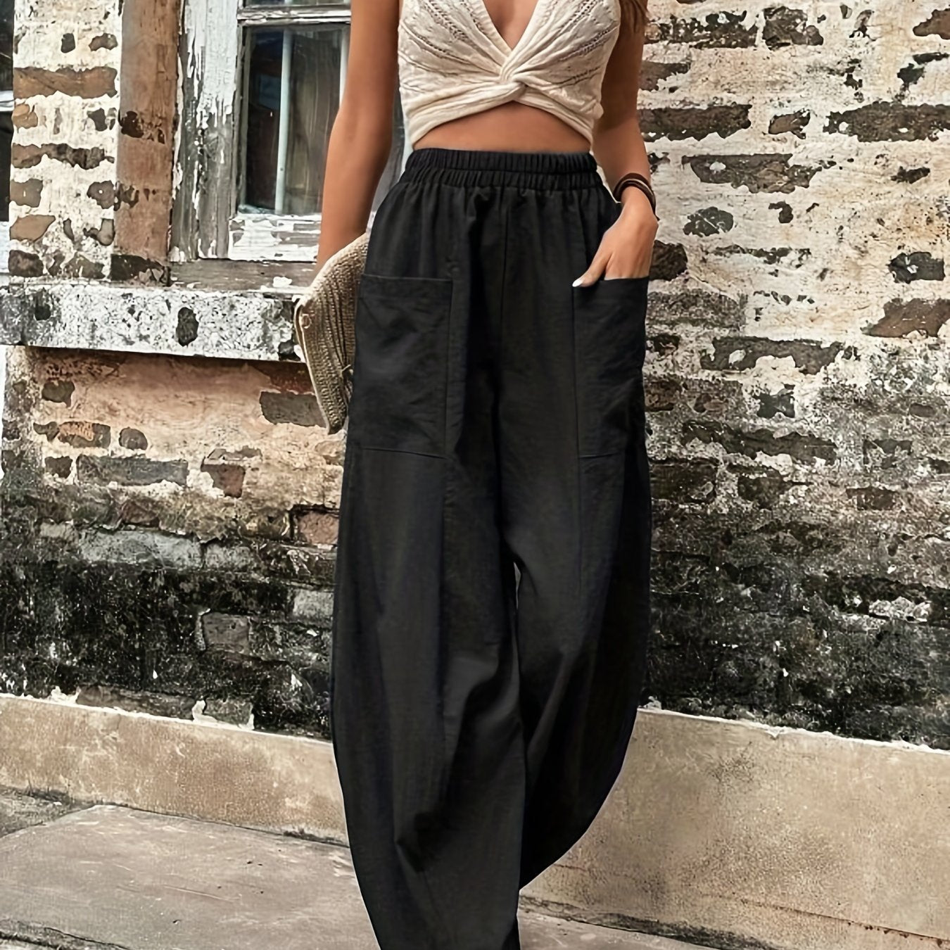 gbolsos  Boho Solid Elastic Waist Harem Pants, Casual Long Length Baggy Pants With Pockets For Spring & Summer, Women's Clothing