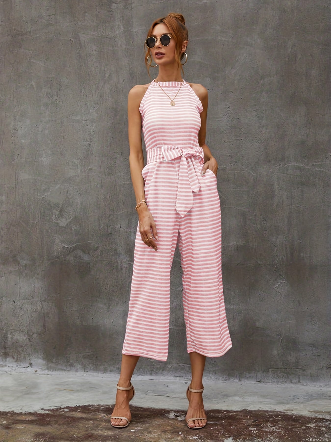 gbolsos  Striped Wide Leg Tie Front Jumpsuit, Boho Sleeveless Jumpsuit For Spring & Summer, Women's Clothing