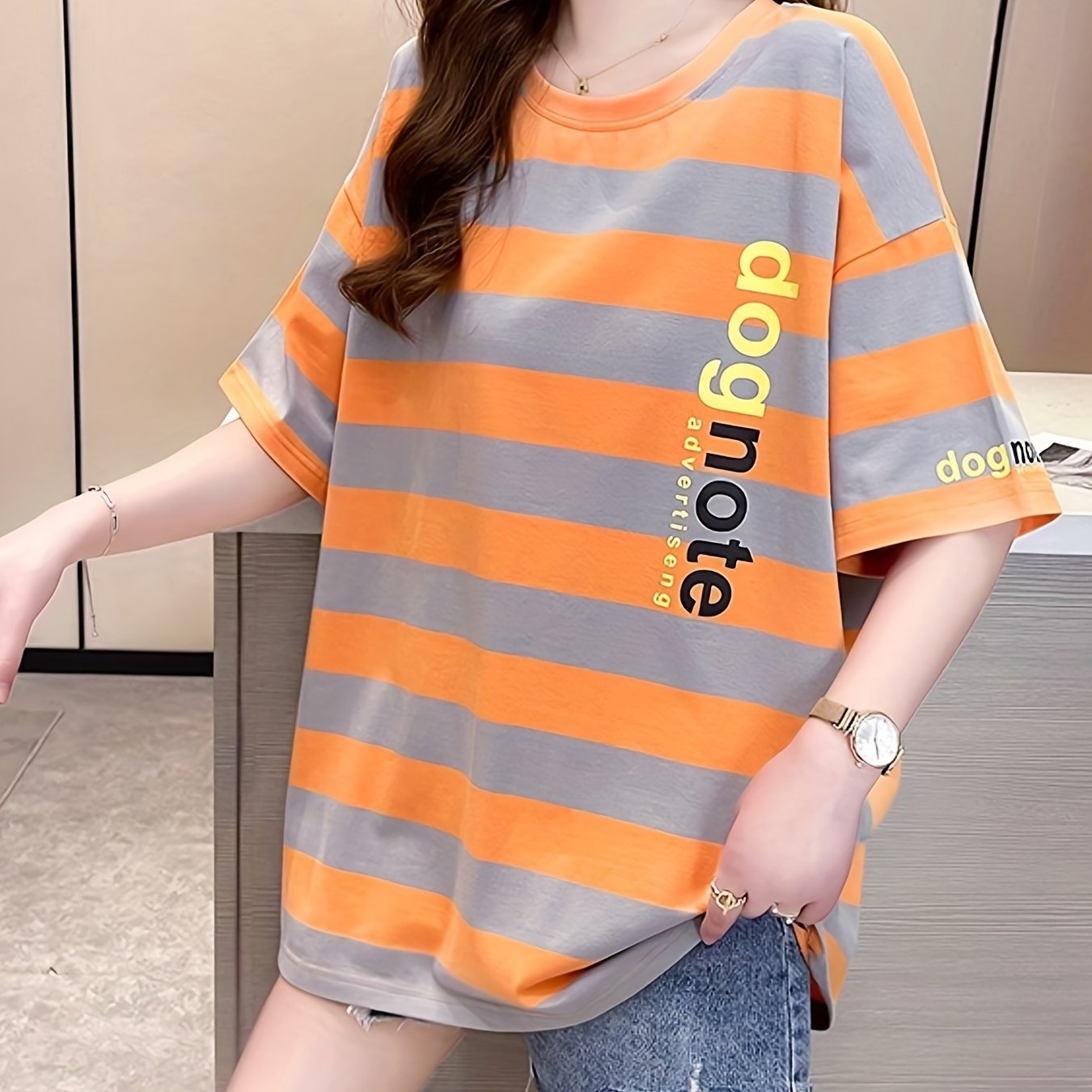 gbolsos  Letter & Stripe Print Crew Neck T-Shirt, Casual Drop Shoulder Top For Spring & Summer, Women's Clothing