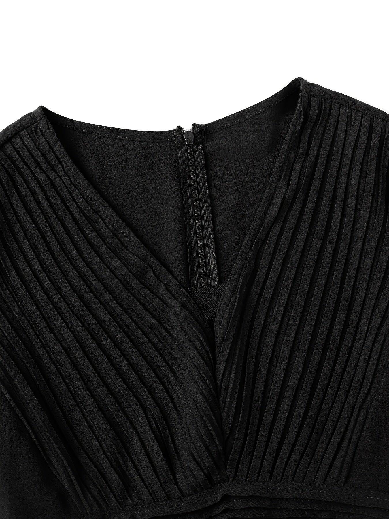 Tucked Solid Midi Dress, Elegant V Neck Long Sleeve Dress, Women's Clothing