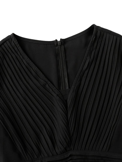 Tucked Solid Midi Dress, Elegant V Neck Long Sleeve Dress, Women's Clothing