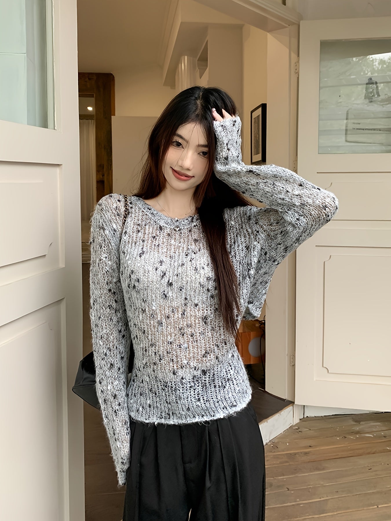 gbolsos  Colorful Dot Crew Neck Pullover Sweater, Casual Tied Back Long Sleeve Thin Knit Sweater, Women's Clothing