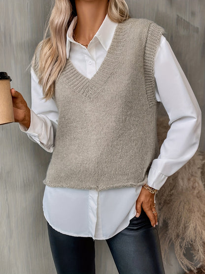 gbolsos Solid Color V Neck Pullover Sweater, Sleeveless Knitted Tank Top For Spring & Fall, Women's Clothing