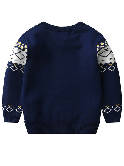 Boys Stylish Geometric Sweater Round Neck Long Sleeve Stretch Warm Knit Pullover Top Kids Clothes Outdoor