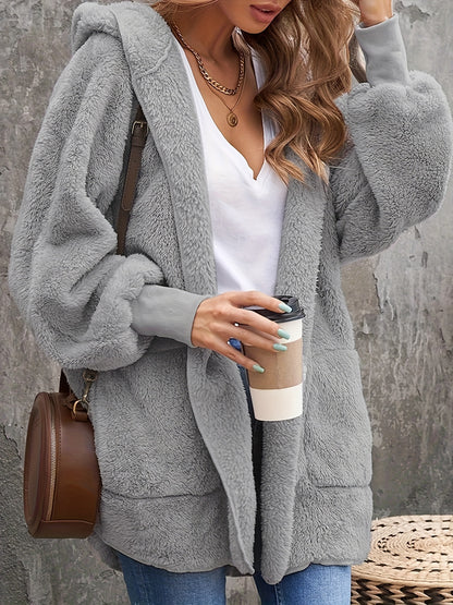 Plus Size Casual Faux Fur Coat, Women's Plus Solid Teddy Fleece Long Sleeve Open Front Hooded Tunic Coat