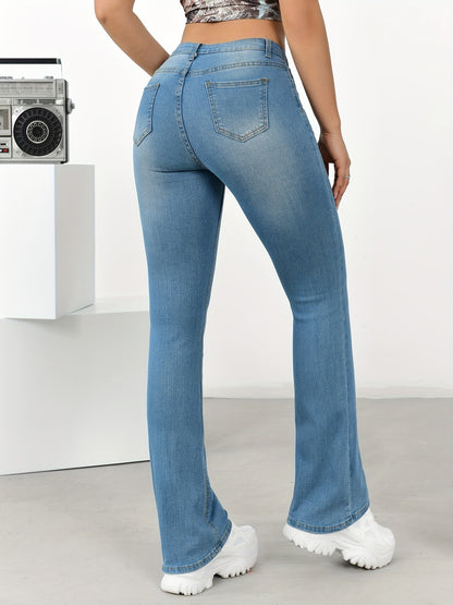 High Stretch Washed Bootcut Jeans, Slant Pockets Versatile Denim Pants, Women's Denim Jeans & Clothing