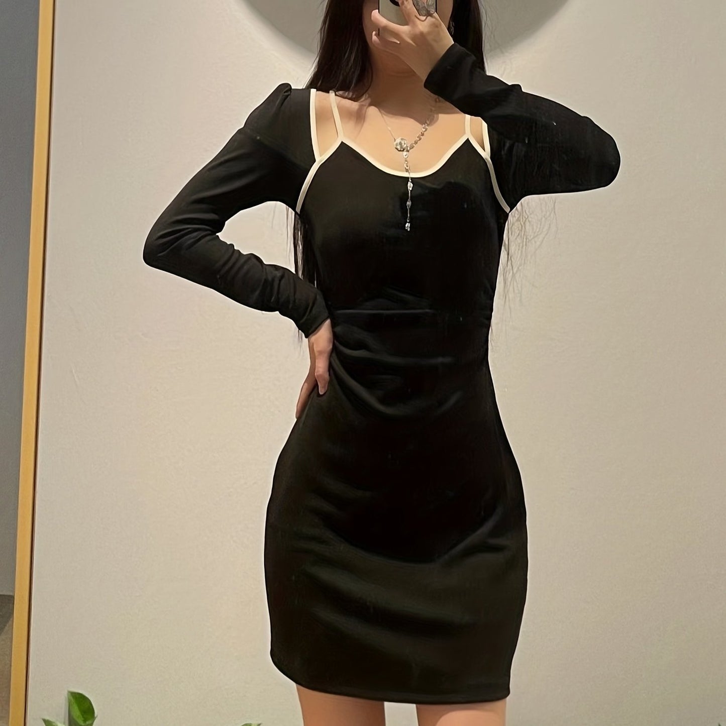 gbolsos  Contrast Trim Long Sleeve Strap Dress, Elegant Slim Mini Dress, Women's Clothing