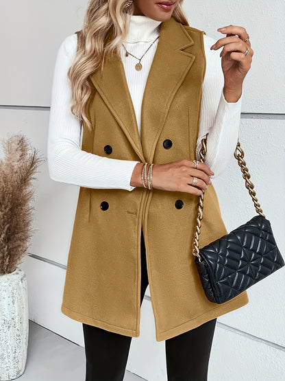 elveswallet  Dual Breasted Front Lapel Vest Jacket, Elegant Sleeveless Outwear For Fall & Winter, Women's Clothing