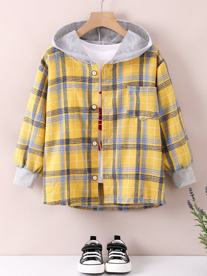 gbolsos  Boys Fashion Plaid Hooded Jacket, Long Sleeve Button Down Hooded Jacket, Kids Clothing