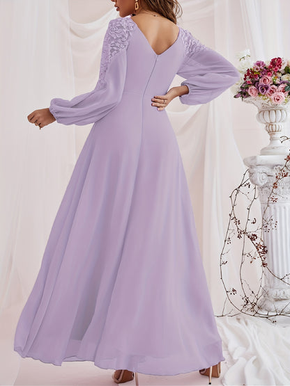 gbolsos  Solid Contrast Lace Dress, Elegant V Neck Long Sleeve Maxi Dress, Women's Clothing