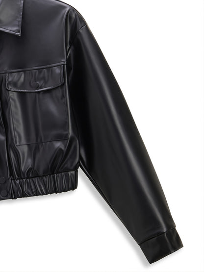 gbolsos  PU Leather Turn Down Collar Jacket, Casual Elastic Hem Button Front Outerwear With Pockets, Women's Clothing