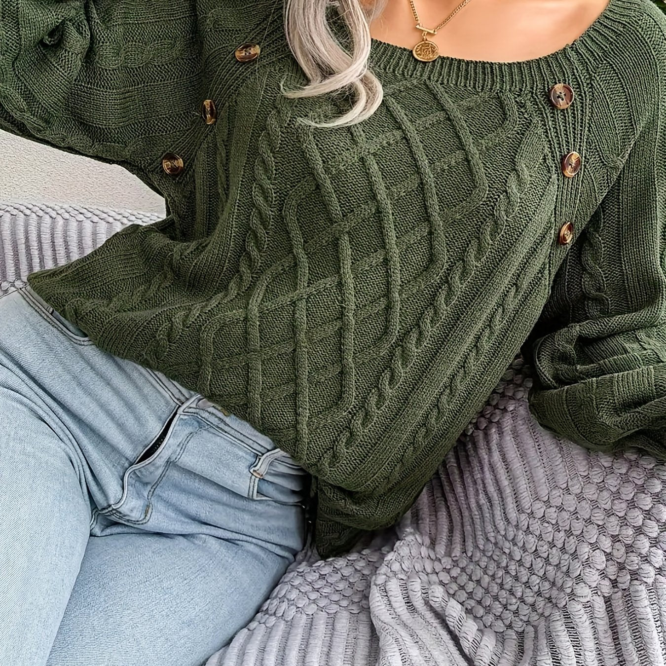 2025 gbolsos  Cable Knitted Button Sweater, Casual Long Sleeve Sweater For Fall & Winter, Women's Clothing
