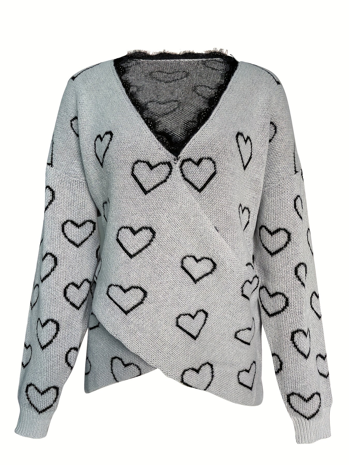 gbolsos  Heart Pattern Lace V Neck Pullover Sweater, Elegant Cross Front Long Sleeve Sweater For Fall & Winter, Women's Clothing