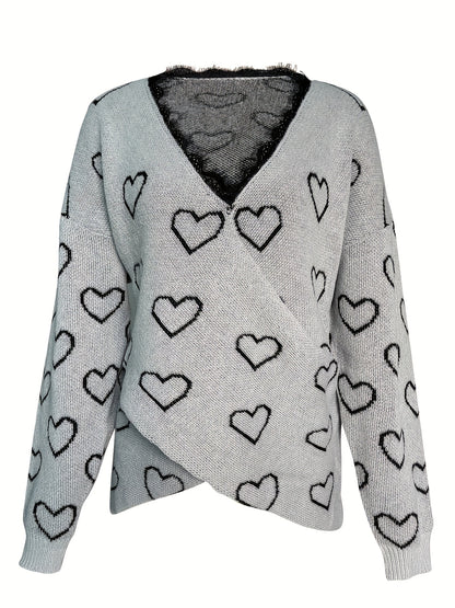 gbolsos  Heart Pattern Lace V Neck Pullover Sweater, Elegant Cross Front Long Sleeve Sweater For Fall & Winter, Women's Clothing