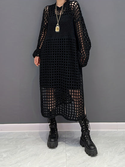 Crochet Split Thigh Dress, Casual Solid Long Sleeve Maxi Dress, Women's Clothing