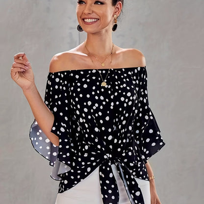 gbolsos  Polka Dot Off Shoulder Tie Front Blouse, Sexy Bell Sleeve Blouse For Spring & Summer, Women's Clothing