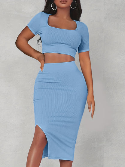 gbolsos  Sexy Matching Two-piece Skirt Set, Square Neck Crop Top & Split Bodycon Skirt Outfits, Women's Clothing